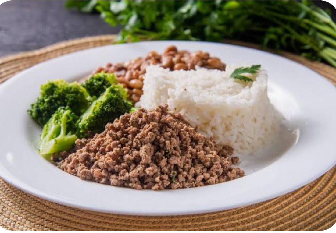 Carne moída, arroz, brocolis e feijão carioca
